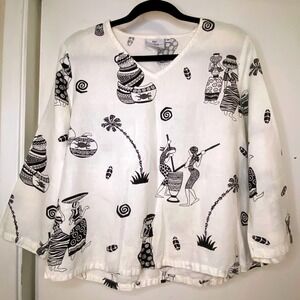 Hot Cotton Marc Ware White Black Tribal Graphic Linen V-Neck Blouse Top M